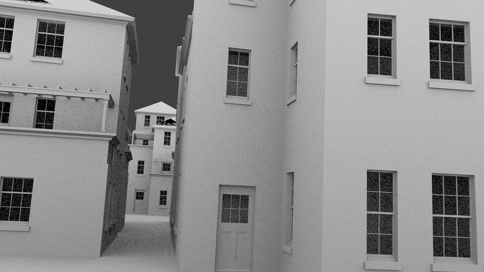 A narrow gap between buildings of visibly different heights and massing, evolved to fit the site around them