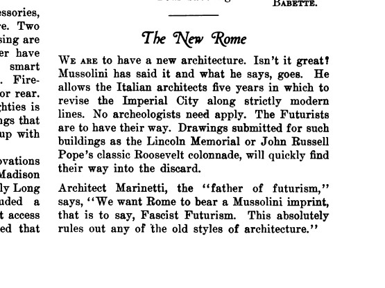 Newspaper clipping: &ldquo;The New Rome,&rdquo; The Architect, April 1926, quoting Marinetti on Fascist Futurism
